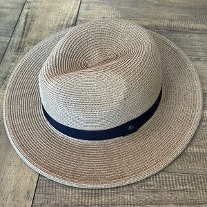 Wide Brim Straw Sun Hat with Navy Band - Women